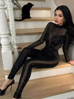 Combinaison en résille à sequins pour femme - Body sexy noir transparent à manches longues - Tenue de soirée printanière 2026