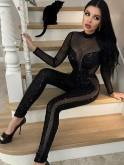 Combinaison en résille à sequins pour femme - Body sexy noir transparent à manches longues - Tenue de soirée printanière 2026