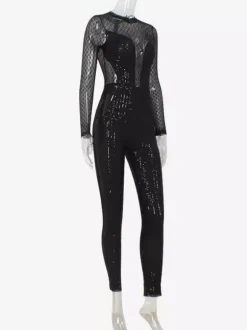 Combinaison en résille à sequins pour femme - Body sexy noir transparent à manches longues - Tenue de soirée printanière 2026