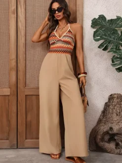Combinaison kaki bicolore à col en V sans manches sans bretelles ample tenue d'été une pièce