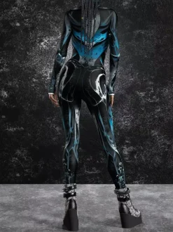 Combinaison moulante cyberpunk Zentai pour femme style Burning Man exosquelette futuriste à manches longues.
