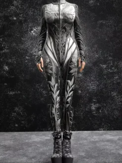 Combinaison moulante cyberpunk Zentai pour femme style Burning Man exosquelette futuriste à manches longues.
