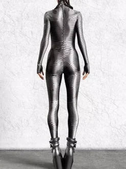 Combinaison moulante cyberpunk Zentai pour femme style Burning Man exosquelette futuriste à manches longues.