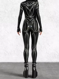 Combinaison moulante cyberpunk Zentai pour femme style Burning Man exosquelette futuriste à manches longues.