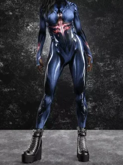 Combinaison moulante cyberpunk Zentai pour femme style Burning Man exosquelette futuriste à manches longues.