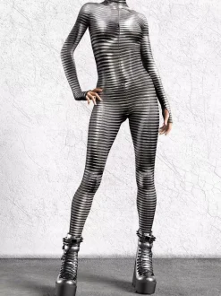 Combinaison moulante cyberpunk Zentai pour femme style Burning Man exosquelette futuriste à manches longues.