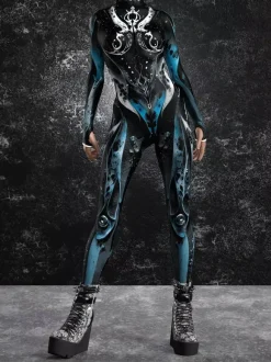 Combinaison moulante cyberpunk Zentai pour femme style Burning Man exosquelette futuriste à manches longues.