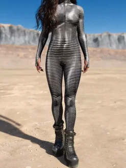 Combinaison moulante cyberpunk Zentai pour femme style Burning Man exosquelette futuriste à manches longues.