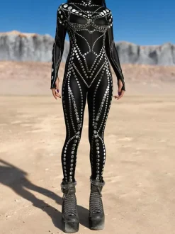 Combinaison moulante cyberpunk Zentai pour femme style Burning Man exosquelette futuriste à manches longues.