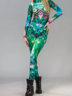 Combinaison moulante à manches longues zippée et col montant imprimée vitrail arc-en-ciel avec UV fluorescent style Zentai idéale pour les festivals et raves.