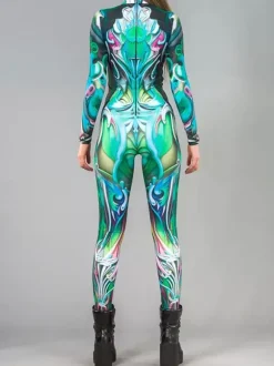 Combinaison moulante à manches longues zippée et col montant imprimée vitrail arc-en-ciel avec UV fluorescent style Zentai idéale pour les festivals et raves.