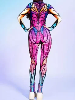 Combinaison moulante à manches longues zippée et col montant imprimée vitrail arc-en-ciel avec UV fluorescent style Zentai idéale pour les festivals et raves.