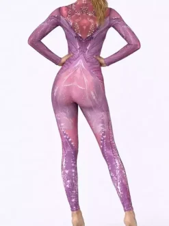 Combinaison moulante à manches longues zippée et col montant imprimée vitrail arc-en-ciel avec UV fluorescent style Zentai idéale pour les festivals et raves.