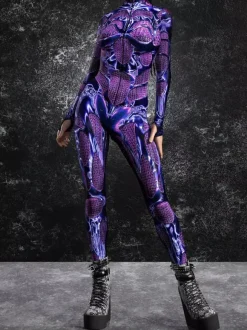 Combinaison moulante Zentai pour femme style cyberpunk futuriste manches longues style catsuit métallique