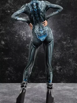 Combinaison moulante Zentai pour femme style cyberpunk futuriste manches longues style catsuit métallique