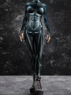 Combinaison moulante Zentai pour femme style cyberpunk futuriste manches longues style catsuit métallique
