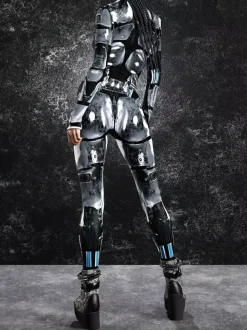 Combinaison moulante Zentai pour femme style cyberpunk futuriste manches longues style catsuit métallique