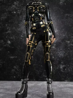 Combinaison moulante Zentai pour femme style cyberpunk futuriste manches longues style catsuit métallique