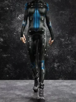 Combinaison moulante Zentai pour femme style cyberpunk futuriste manches longues style catsuit métallique