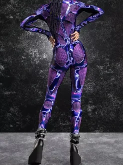 Combinaison moulante Zentai pour femme style cyberpunk futuriste manches longues style catsuit métallique