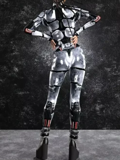 Combinaison moulante Zentai pour femme style cyberpunk futuriste manches longues style catsuit métallique