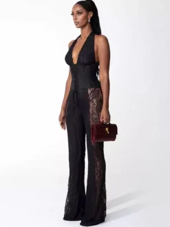 Combinaison-pantalon à col en V profond dos nu corset lacé patchwork de dentelle pour femme 2026