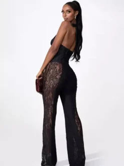 Combinaison-pantalon à col en V profond dos nu corset lacé patchwork de dentelle pour femme 2026