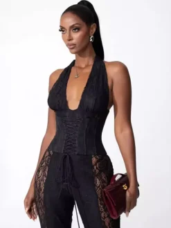 Combinaison-pantalon à col en V profond dos nu corset lacé patchwork de dentelle pour femme 2026