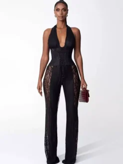 Combinaison-pantalon à col en V profond dos nu corset lacé patchwork de dentelle pour femme 2026