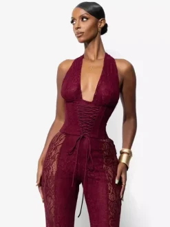 Combinaison-pantalon à col en V profond dos nu corset lacé patchwork de dentelle pour femme 2026