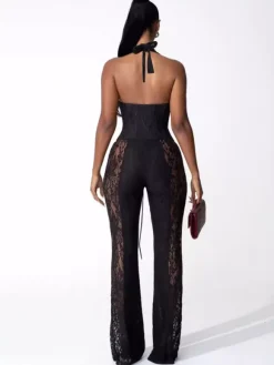 Combinaison-pantalon à col en V profond dos nu corset lacé patchwork de dentelle pour femme 2026