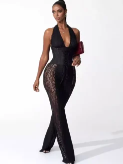 Combinaison-pantalon à col en V profond dos nu corset lacé patchwork de dentelle pour femme 2026