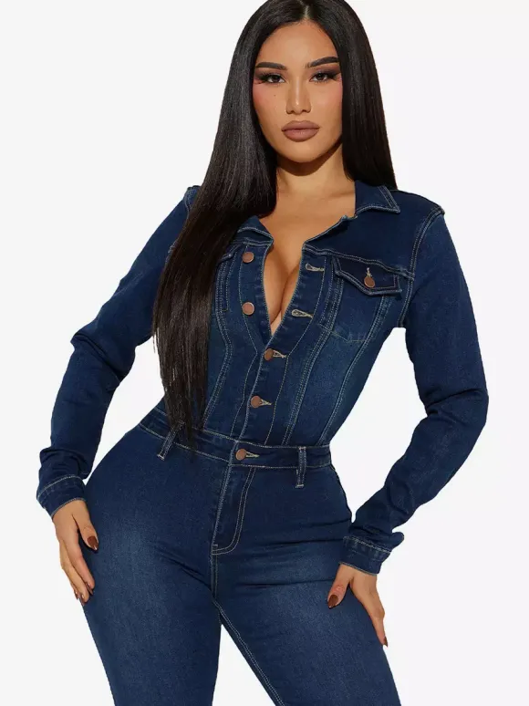 Combinaison-pantalon évasée en denim délavé pour femme - Combinaison-pantalon en coton bleu foncé à manches longues et coupe bootcut - Collection streetwear printemps 2026