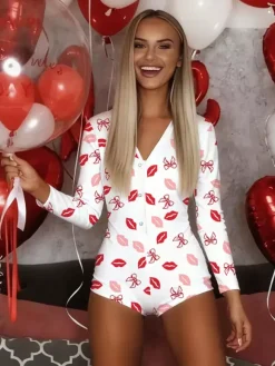 Combinaison pyjama imprimée lèvres pour femme - Combinaison moulante sexy à manches longues et col en V boutonnée sur le devant - Saint-Valentin 2026