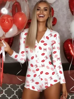 Combinaison pyjama imprimée lèvres pour femme - Combinaison moulante sexy à manches longues et col en V boutonnée sur le devant - Saint-Valentin 2026