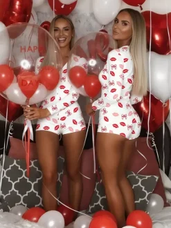 Combinaison pyjama imprimée lèvres pour femme - Combinaison moulante sexy à manches longues et col en V boutonnée sur le devant - Saint-Valentin 2026