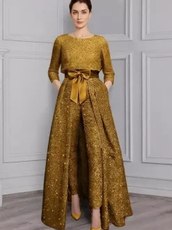 Combinaison-robe 3 pièces pour la mère de la mariée col rond manches 3/4 coupe trapèze n艙uds robe d'invitée de mariage