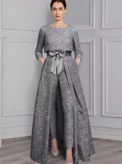 Combinaison-robe 3 pièces pour la mère de la mariée col rond manches 3/4 coupe trapèze n艙uds robe d'invitée de mariage