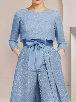 Combinaison-robe 3 pièces pour la mère de la mariée col rond manches 3/4 coupe trapèze n艙uds robe d'invitée de mariage