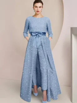 Combinaison-robe 3 pièces pour la mère de la mariée col rond manches 3/4 coupe trapèze n艙uds robe d'invitée de mariage
