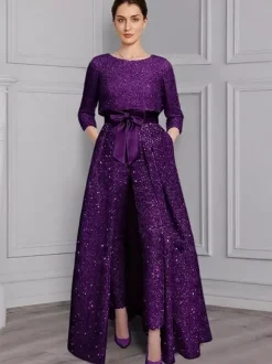 Combinaison-robe 3 pièces pour la mère de la mariée col rond manches 3/4 coupe trapèze n艙uds robe d'invitée de mariage