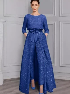Combinaison-robe 3 pièces pour la mère de la mariée col rond manches 3/4 coupe trapèze n艙uds robe d'invitée de mariage