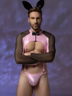 Combinaison rose de lapin pour homme en maille effet mouillé avec oreilles queue et n艙ud papillon idéale pour Halloween et les soirées en boîte de nuit.