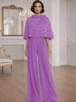 Combinaisons deux pièces pour la mère de la mariée col rond manches courtes n艙uds robes d'invitée de mariage