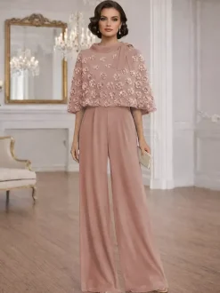 Combinaisons deux pièces pour la mère de la mariée col rond manches courtes n艙uds robes d'invitée de mariage