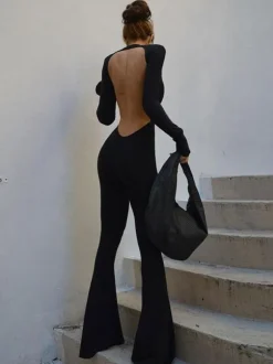 Combinaisons Longs Femme avec Manches Longues avec Dos Nu Unicolore Sexy