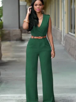 Combinaisons Longs Moulants Femmes avec Epaulés sans Manches à Col Décolleté en V Coupe Cintrée avec Ceinture Bas Evasée Unicolore Sexy