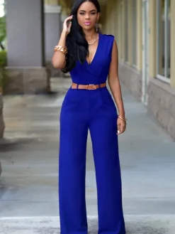 Combinaisons Longs Moulants Femmes avec Epaulés sans Manches à Col Décolleté en V Coupe Cintrée avec Ceinture Bas Evasée Unicolore Sexy