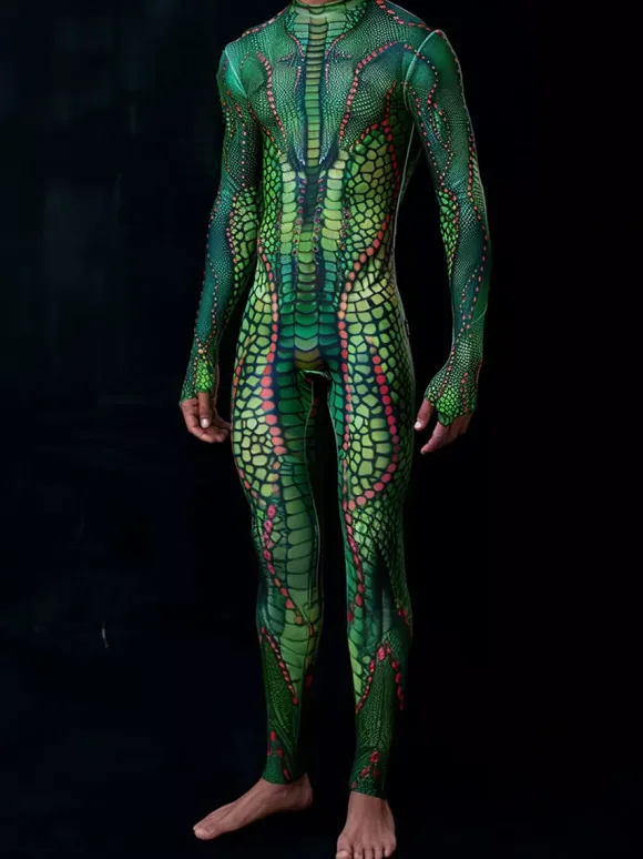 Combinaisons zentai motifs Halloween Combinaison sexy à imprimé serpent vert pour homme tenue de scène pour danseur et chanteur