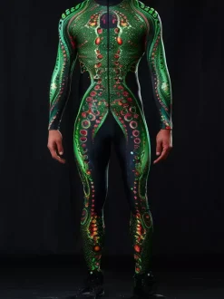 Combinaisons zentai motifs Halloween Combinaison sexy à imprimé serpent vert pour homme tenue de scène pour danseur et chanteur